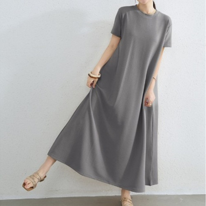 러블루 A라인 텍스처 반팔 롱 원피스