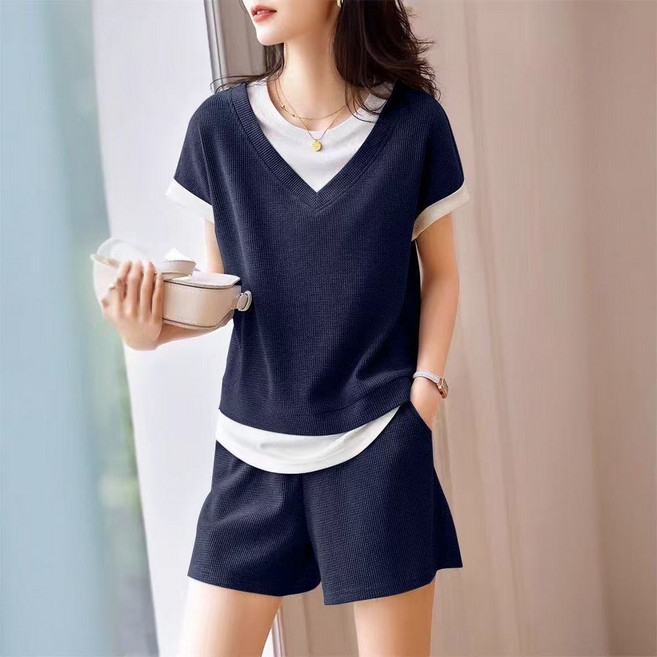 AREVI여성 여름 트레이닝 세트 데일리 캐주얼 런닝복 반팔 반바지 상하 투피스