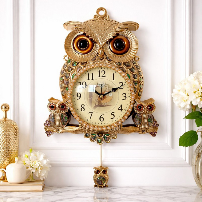대박아트 자개진주 무소음 부엉이 추벽시계, 골드