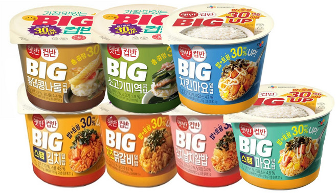 CJ 햇반 컵반 BIG컵밥 7종세트(스팸마요+스팸김치+치킨마요+김치날치알밥+치즈닭갈비+소고기미역국밥+황태콩나물국밥), 1세트, 2.5kg