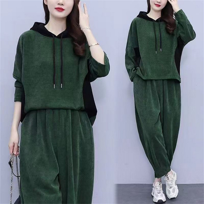 TKX 투피스 여성 가을 겨울 캐주얼 코듀로이 후드 상하 세트 여유로운핏 K37