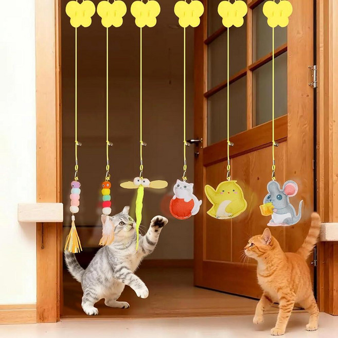 Walfront Cat Toys - 6피스 탄성 도어 행거 세트 인터랙티브 점프 및 클라이밍 훈련 민첩성 향상 가구 손상 감소 다양한 표면 사용(문 창문 천장) 활, 기본 옵션