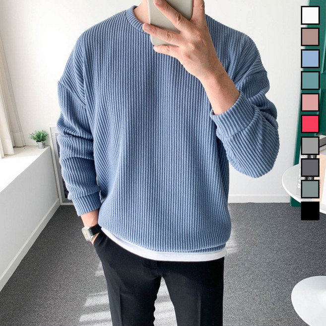 남자 봄 맨투맨 오버핏 골지 스판 니트 티셔츠