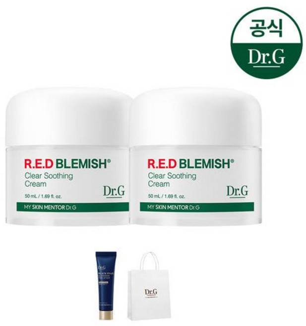 닥터지 레드 블레미쉬 클리어 수딩 크림 50ml 듀오 기프트 세트 (Jar) (증)블랙스네일 톤업 선 10ml+닥터지 쇼핑백(소)