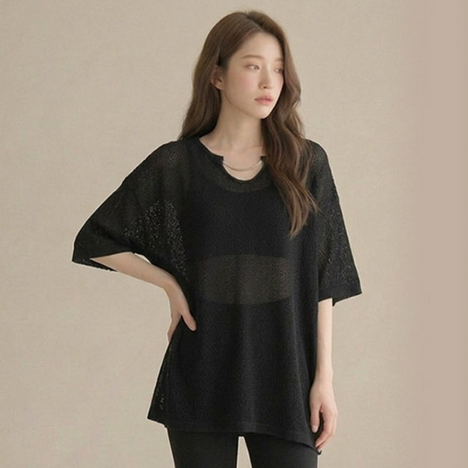 드마엘 케이티 여성 넥라인 체인 찰랑 시원한 루즈핏 반팔 티셔츠 (3color)+델로나