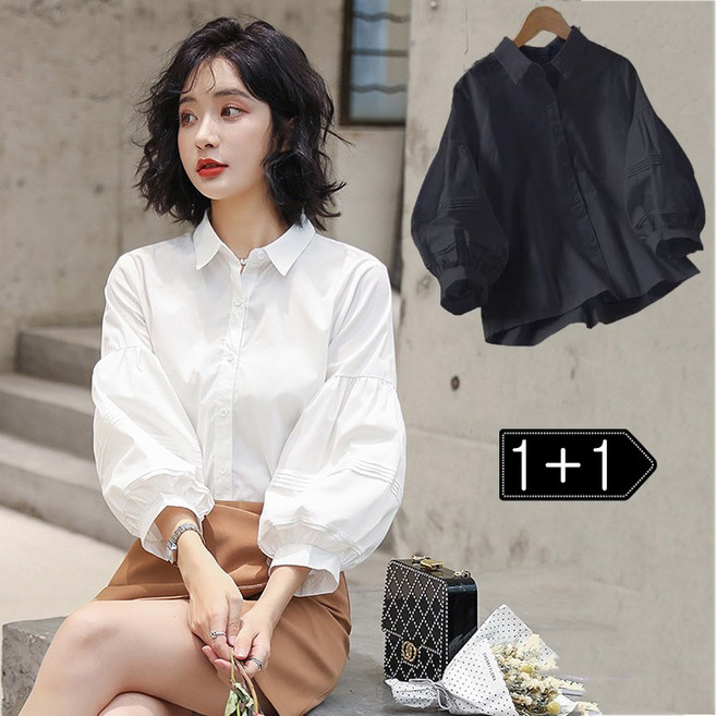 ORZQU 1+1 여성 여름 퍼프 소매 블라우스 패션 루즈핏 7부 소매 셔츠 블랙 화이트