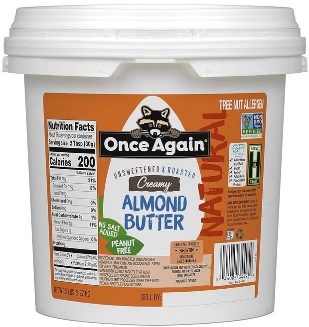 Once Again 천연 크리미 아몬드 버터 2.3kg(5파운드) 팬트리 팔 (5병과 동일) - 로스팅 - 소금 프리 무가당 - 글루텐 프리 인증 땅콩 프리 비건 코셔, Once Again 천연 크리미 아몬드 버터, 2.3k, 1개