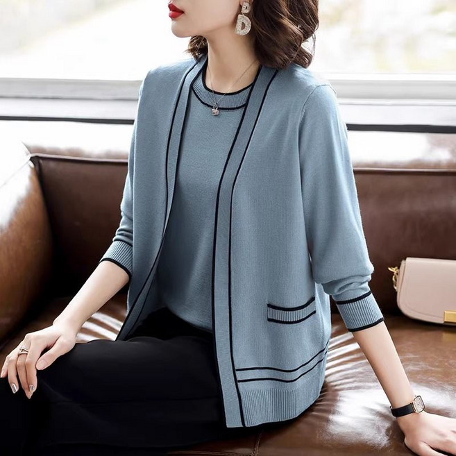 봄 가을 중년 여성 가디건 세트 캐주얼 긴팔티 + 가디건 투피스 세트 기질 데일리 엄마 상의 CY