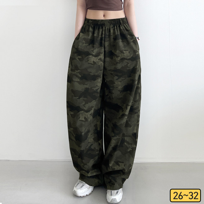 여리진 여성 밴드 밀리터리 카모 일자 와이드 팬츠 긴바지 카모플라주 롱팬츠