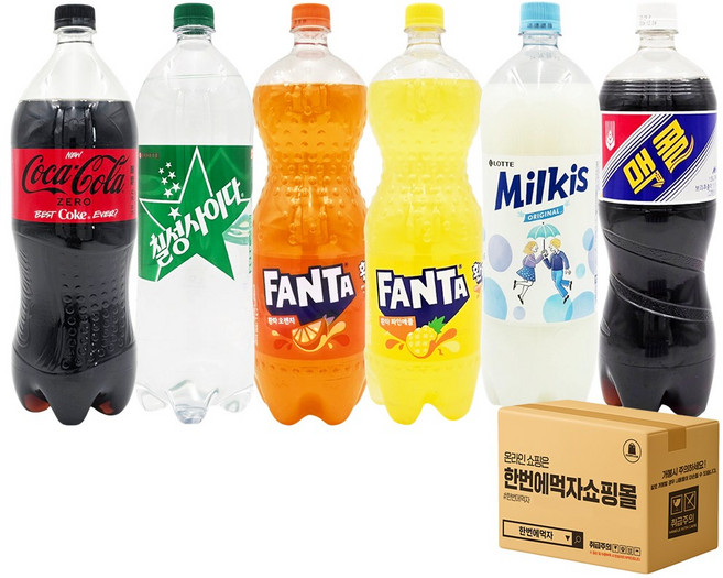 [한번에먹자] 1.5L 탄산음료 종합세트 / 코카콜라 제로 + 칠성사이다 + 환타 파인애플 + 환타 오렌지 + 밀키스 + 맥콜 / 각1개씩, 6개