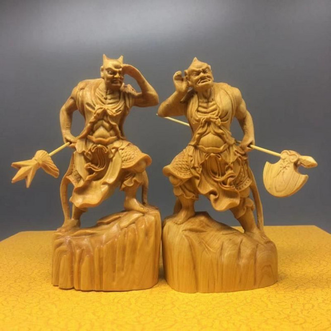 木雕千裏眼順風耳神像將軍媽祖左右護法實木擺件, 崖柏千裏眼+順風耳高12.8cm