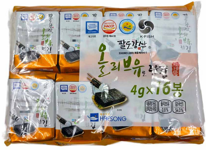 해송식품 팔도강산 올리브유로 구운김 16봉 1박스, 160개, 4g