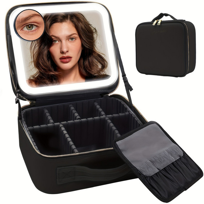 거울과 조명이 있는 메이크업 가방 3색 조명 설정 화장품 메이크업 정리함, 검은색