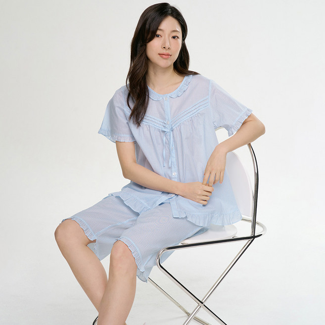 블루ST 반팔 순면 여성 빅사이즈 잠옷 홈웨어 세트