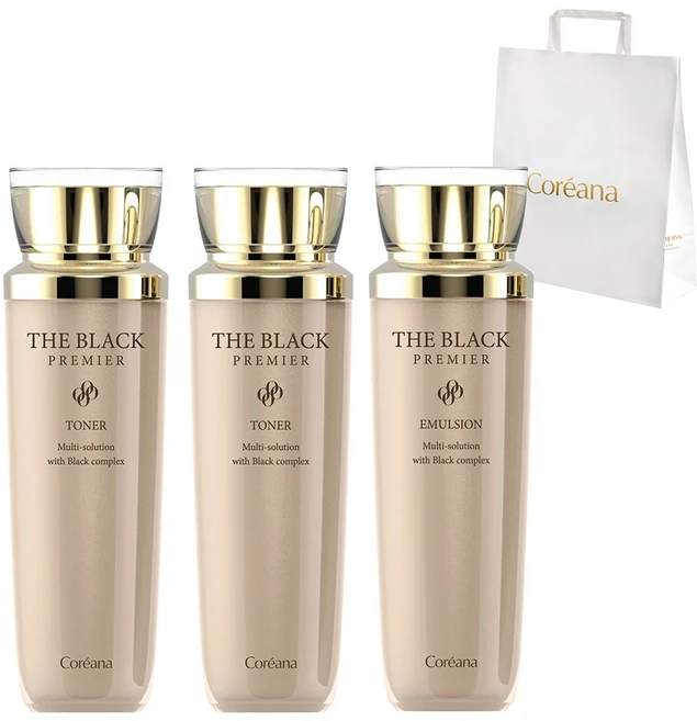 코리아나 더블랙 프리미어 토너 140ml 2개+에멀션 140ml+쇼핑백, 1세트 - 쿠팡