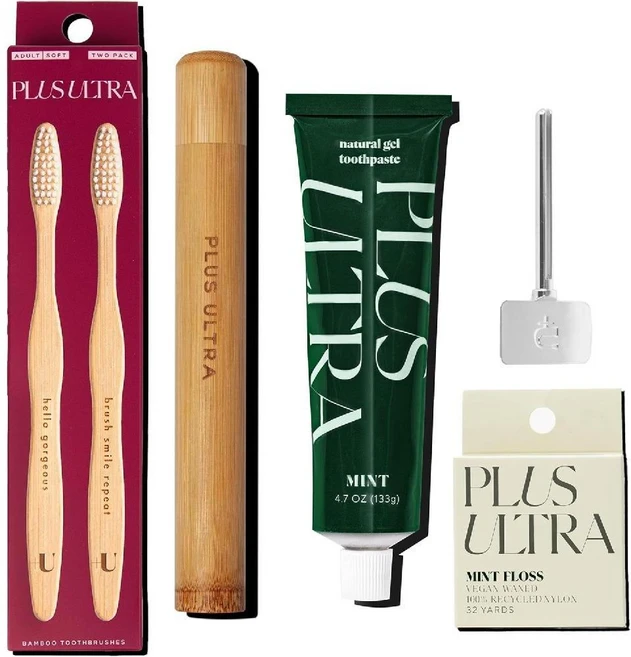 PLUS ULTRA 지속가능한 구강관리 키트 대나무 치약칫솔세트 케이스 치실 번들세트 - 쿠팡