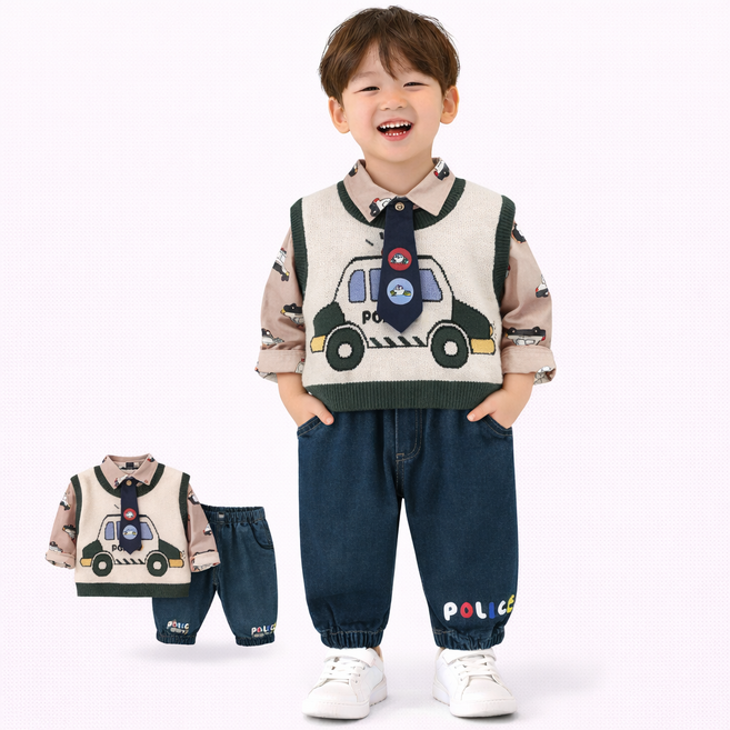 남아 유아 경찰차 니트 조끼 정장 상하복 세트