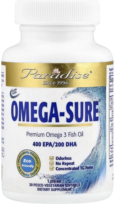 파라다이스허브 오메가 Sure 오메가3 농축물 1000mg 페스코 베지 소프트젤 30정, 1+1, 2개 - 쿠팡