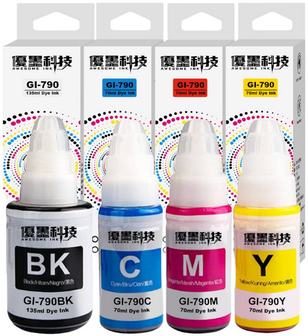 優墨科技台灣副廠品牌CANON GI-790 G1010 G2010 G3010 G4010 G2002 G3000 適用 染料墨水, 1個, 四色一組