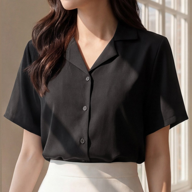 라뷰드 여성 기본 브이넥 반팔 셔츠 블라우스 봄가을 여름 데일리 오피스 정장 기본 심플 루즈핏 오버핏 카라넥 상의