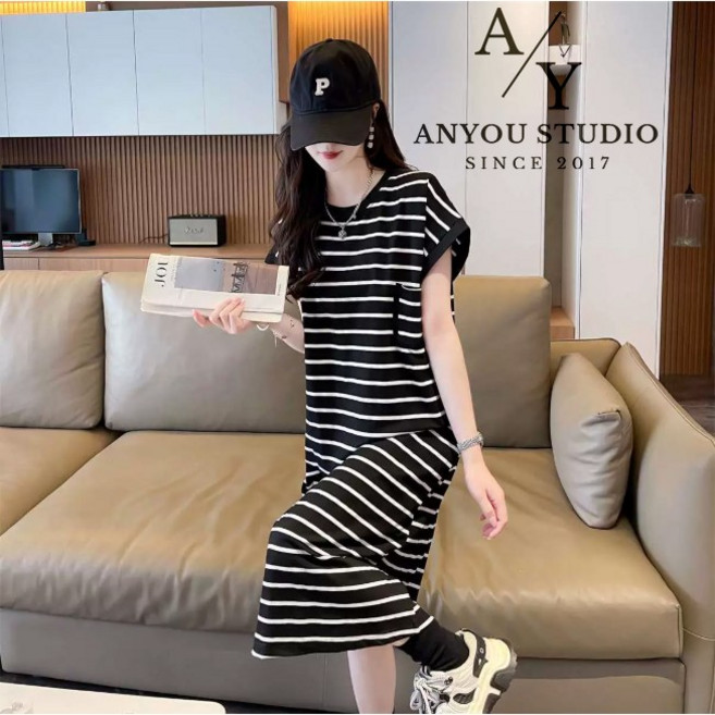 ANYOU 여성 반팔 원피스 루즈핏 롱 티 스커트 롱 원피스