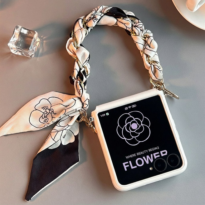 플로럴 트윌리 스카프 체인 스트랩 힌지 보호 가죽 갤럭시 Z플립 케이스