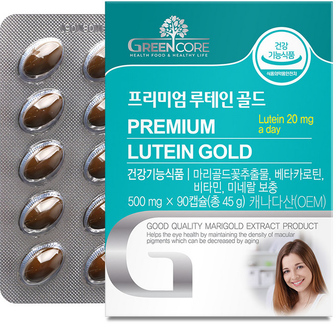 그린코어 프리미엄 루테인 골드, 500mg / 90캡슐, 1박스, 90정