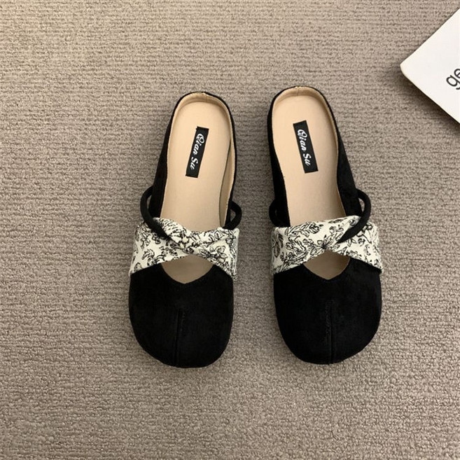 復古法式絨面平底穆勒鞋 豬蹄包頭拖鞋 女式外穿裙子一腳蹬, 23.5 cm, 黑色