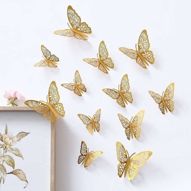 BenF Home 입체 나비 스티커 3D 장식 모형 데코 칼라 벽 장식 인테리어 다꾸 반짝반짝 패턴 빈티지 파티 쇼, 골드