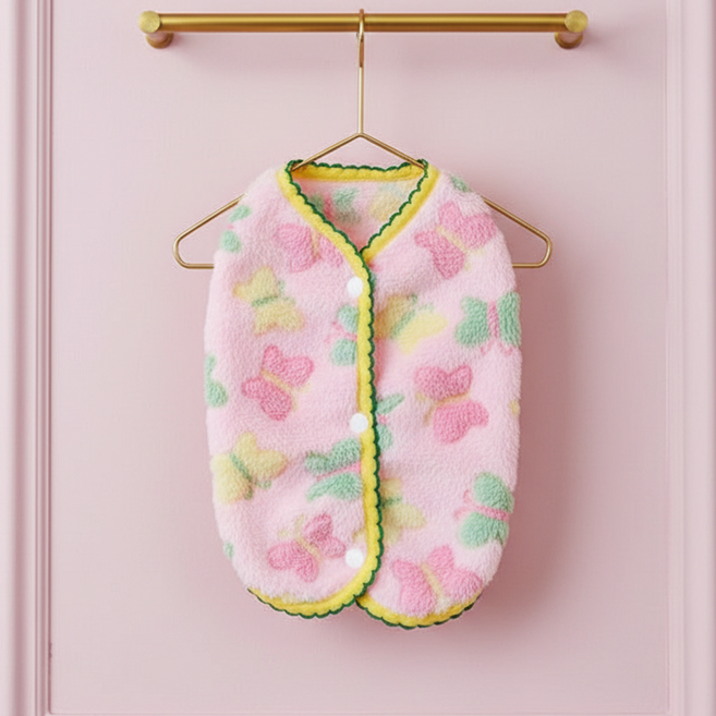 로미엄 강아지 따뜻한 극세사 조끼 수면 나비패턴 똑딱이 단추, 1개, 핑크