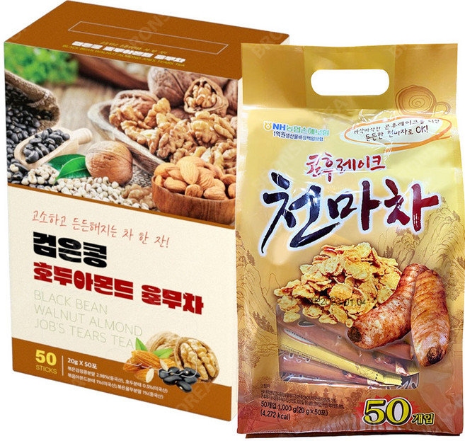 지노 검은콩 호두아몬드 율무차 50T + 동일 콘후레이크 천마차 50T, 18g, 1개, 50개입