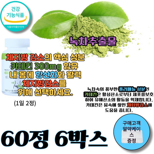 녹차카테킨 카테킨효능 녹차다이어트 다이어트보조제 체지방감소 폴리페놀, 6박스, 60정