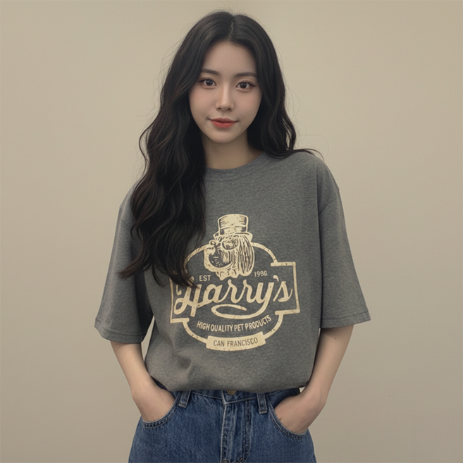 데일로엔 여성 여름 캐주얼 오버핏 강아지 로고 반팔 티셔츠