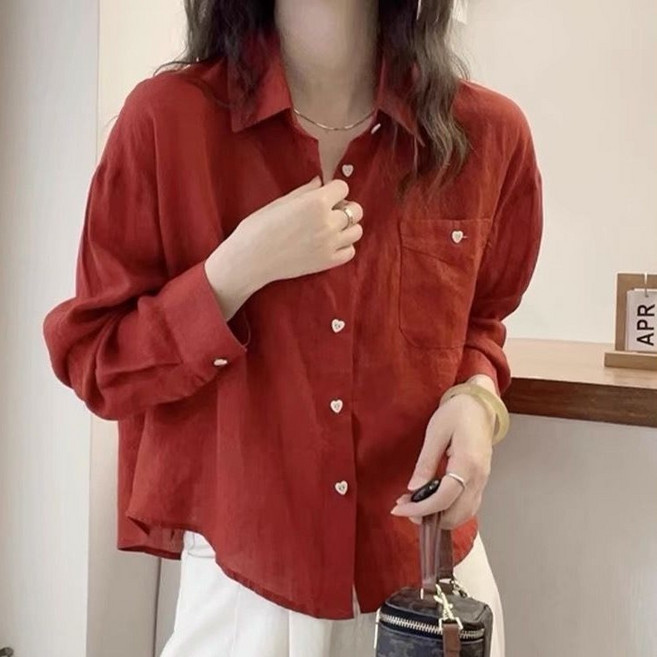 루스리더 여성 하트 단추 린넨 크롭 긴팔 셔츠 M280