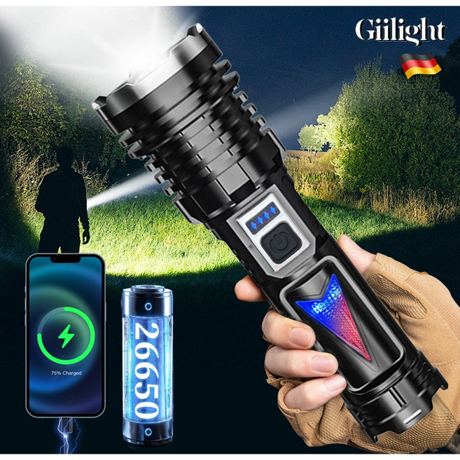 Giilight 초강력 후레쉬 손전등 1.5km LED 줌 라이트 충전식, 블랙, 1개, 블랙