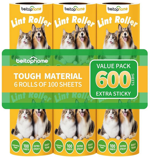 린트 롤러 스티키 반려동물 800장 카펫 고양이 손잡이 엑스트라 밸류 4개 가구용 털용, 600 Sheets Refills