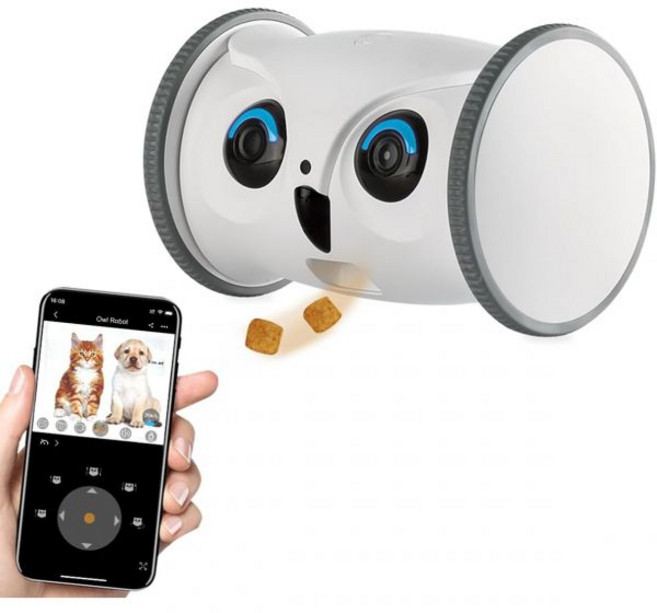 SKYMEE스카이미 올빼미 로봇 트리트 디스펜서가 있는 이동식 풀 HD 펫 카메라 반려견과 고양이를 위한 인터랙티브 장난감 앱을 통한 모바일 제어, White, White