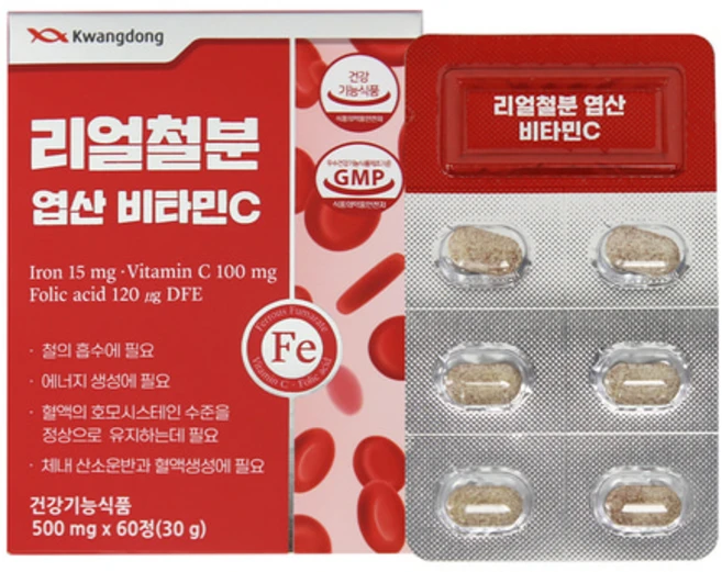 광동 리얼 철분 엽산 비타민C 여성용 건강기능식품 60정, 60개 - 쿠팡