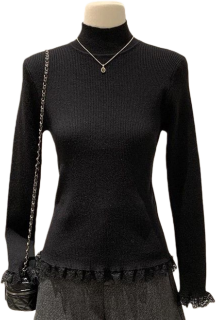 Makone 여성 하이넥 단색 니트 심플 슬림핏 프린지 밑단 레이스 소매 이너 티셔츠