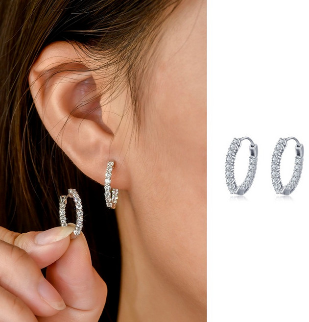 에쥬아 18K 화이트골드 큐빅 세팅 귀걸이 데일리 통근 링 귀걸이