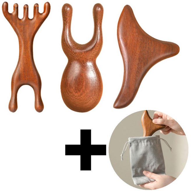 일리마 나무 괄사 바디 페이스 두피 발바닥 마사지기 3종 세트, 샌달우드, 1세트