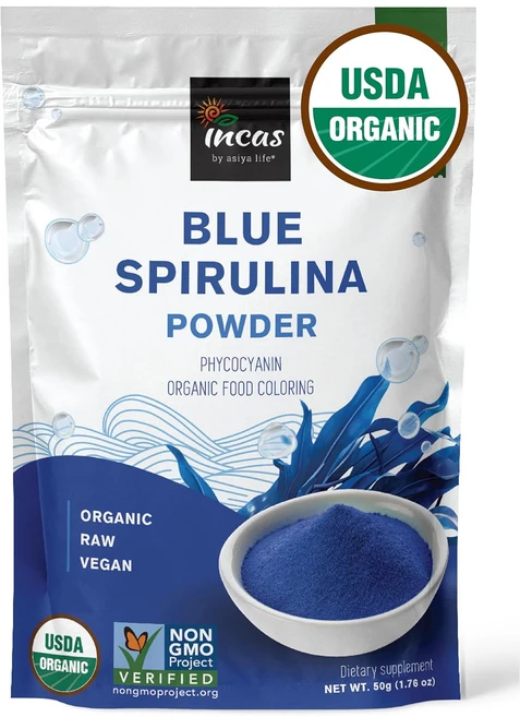 USDA 유기농 블루 스피루리나 파우더피코시아닌 추출물 비린내 없음 청록조류 비건 단백질 스무디 천연 식용 색소 베이킹 음료1.06온스, 1.75 Ounce (Pack of 1), 50g, 1개 - 쿠팡