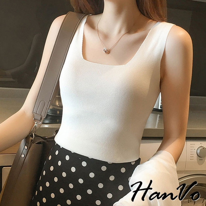 HanVo 素色薄款大U領針織背心 - 性感修身顯瘦百搭韓系女生衣著