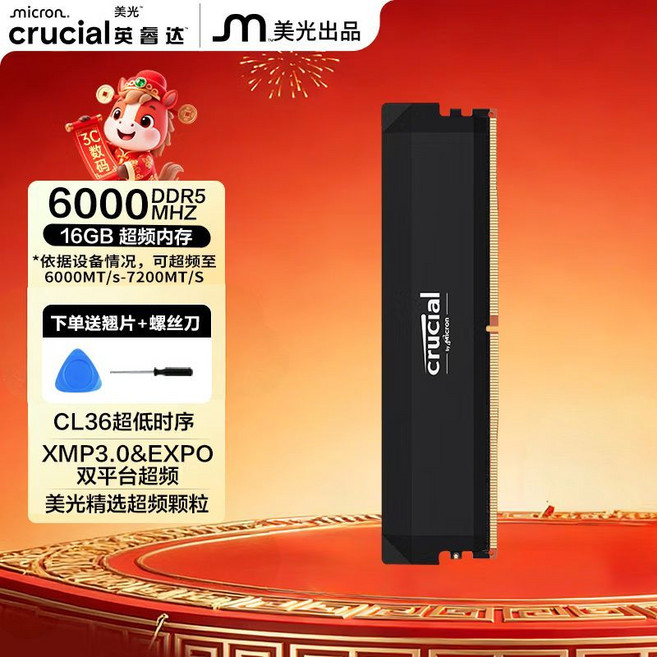 Crucial英睿達 DDR5 6000 16GB 臺式機內存 Pro系列, +螺絲刀撬片