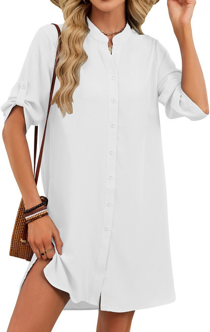 【春夏爆款】V領連衣裙 襯衫裙 連衣裙女 中袖連衣裙 紐扣連衣裙 通勤連衣裙 法式復古設計 收腰顯瘦 歐美外貿原單 亞馬遜速賣通熱銷, 白色
