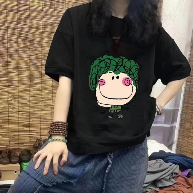 Vezri 캐릭터 프린트 반팔티 시원한 소재 루즈핏 오버사이즈 여성용 캐주얼 티