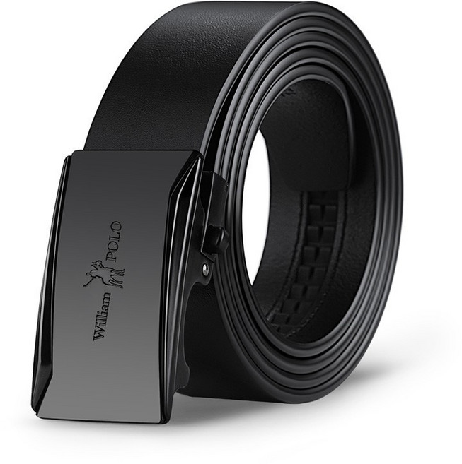 WILLIAM POLO 男士真皮自動扣皮帶 時尚休閒 電鍍扣頭 黑色120公分