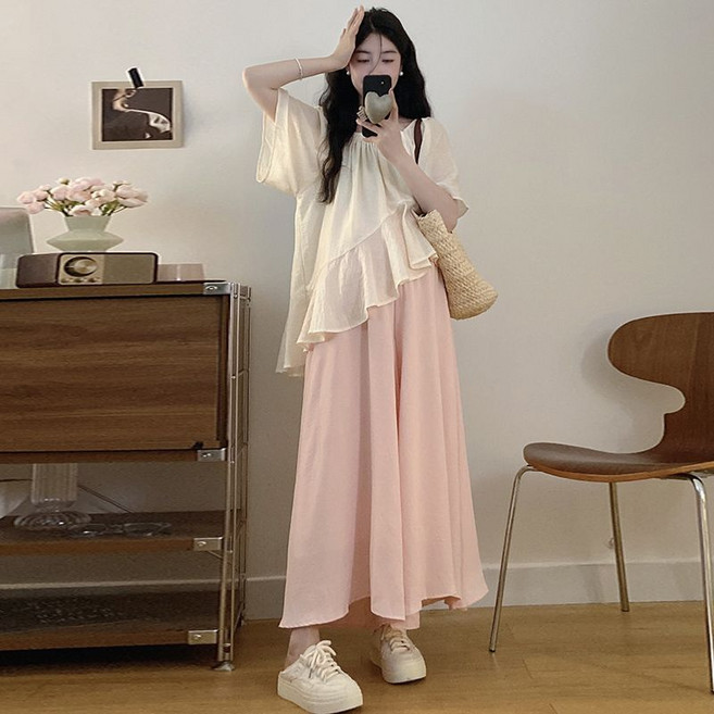 임산부 여름 롱스커트 세트 임부 루즈핏 반팔 블라우스 + 롱치마 캐주얼 임부복 상하의 세트 LCL