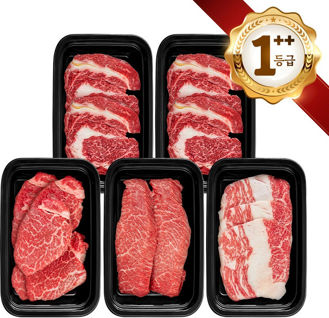 쿠가[냉장냉동] 횡성한우 어사품 1++등급 구이 5구 2호(총1.5kg)근내지방도7이상[구성 등심+등심+안심채끝(랜덤)+특수부위(랜덤)+차돌박이], 단품