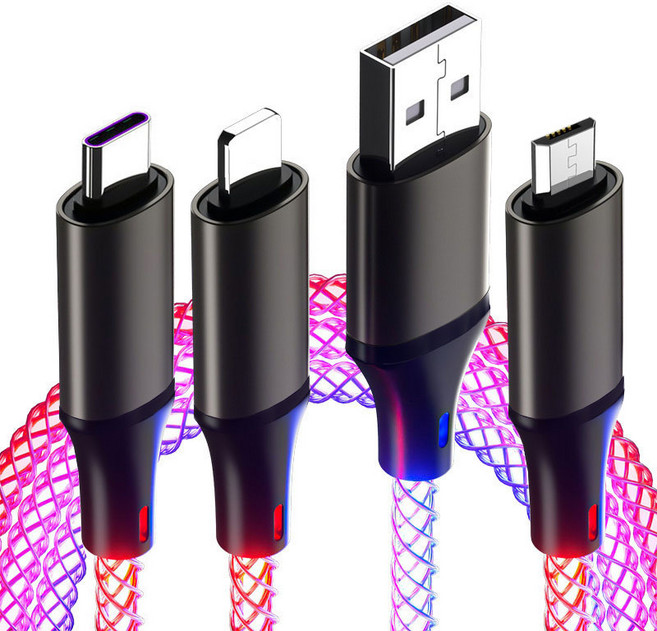 3in1 멀티 인터페이스 초고속 충전 케이블 RGB 그라데이션 발광 데이터 케이블, 1개, RGB 혼합 색상, 1.2m